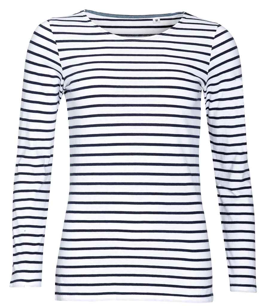 SOL'S Ladies Marine Long Sleeve Striped T-Shirt 01403 - White/Navy