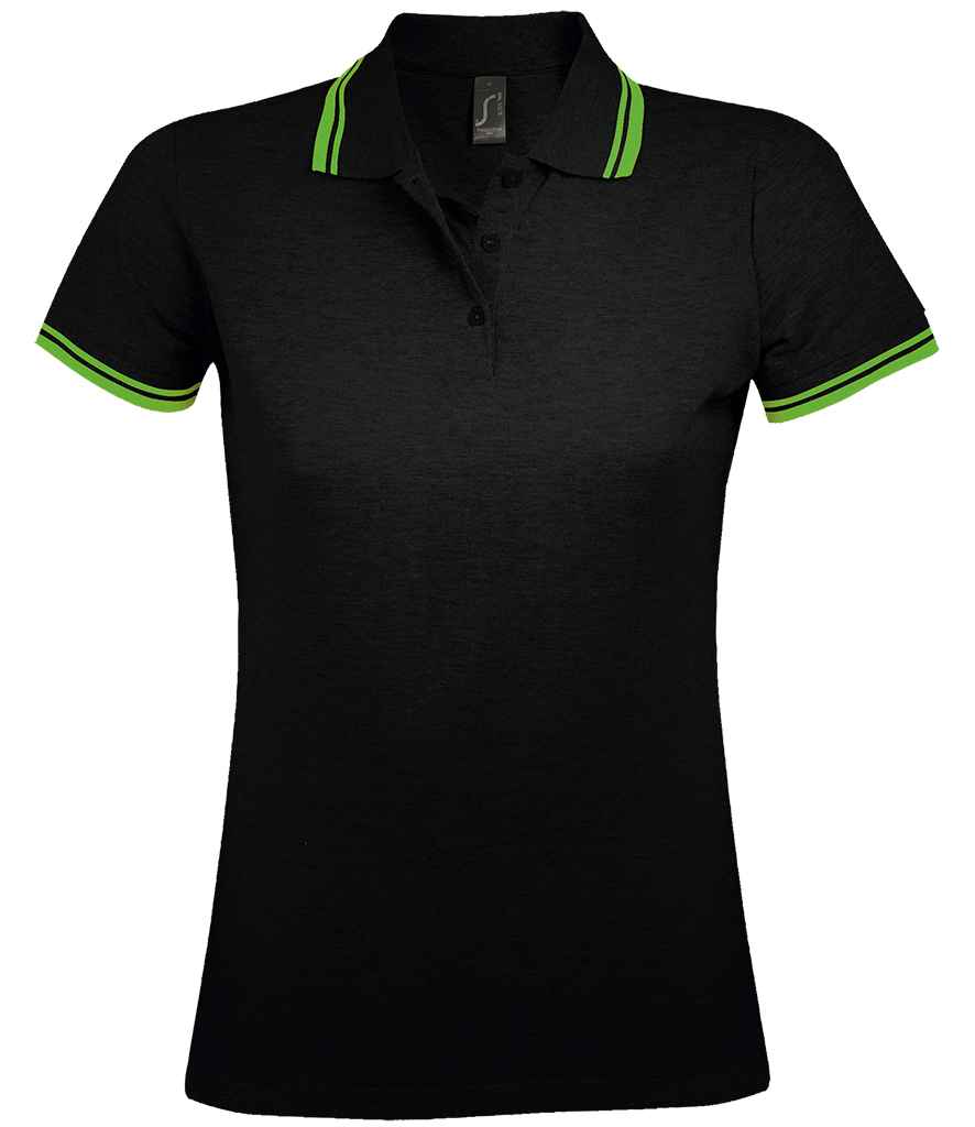 SOL'S Ladies Pasadena Tipped Cotton Piqué Polo Shirt 10578 - Black/Lime Green