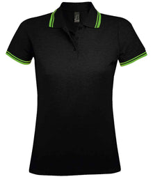 SOL'S Ladies Pasadena Tipped Cotton Piqué Polo Shirt 10578 - Black/Lime Green