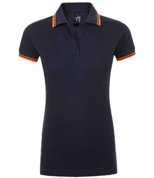 SOL'S Ladies Pasadena Tipped Cotton Piqué Polo Shirt 10578 - French Navy/Neon Orange