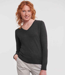 Russell Athletic Collection Ladies Cotton Acrylic V Neck Sweater 710F - 710F Charcoal Marl Model