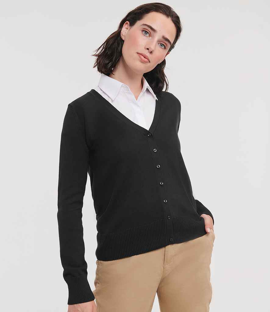 Russell Athletic Collection Ladies Cotton Acrylic V Neck Cardigan 715F - 715F Black Model