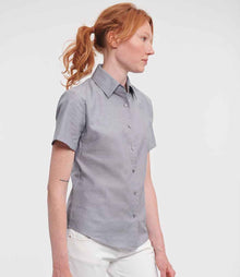 Russell Athletic Collection Ladies Short Sleeve Easy Care Oxford Shirt 933F - 933F Silver Model