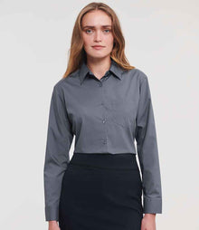 Russell Athletic Collection Ladies Long Sleeve Easy Care Poplin Shirt 934F - 934F Convoy Grey Model