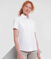 Russell Athletic Collection Ladies Short Sleeve Easy Care Poplin Shirt 935F - 935F White Model
