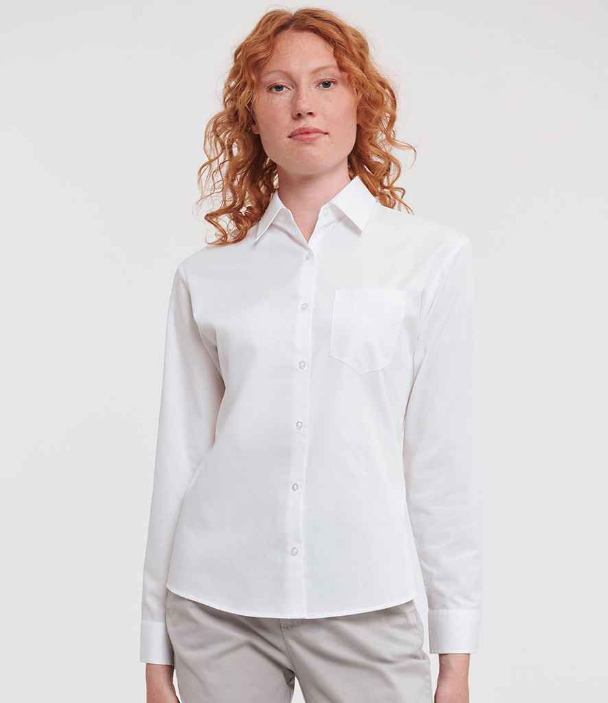 Russell Athletic Collection Ladies Long Sleeve Easy Care Cotton Poplin Shirt 936F - 936F White Model