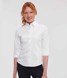 Russell Athletic Collection Ladies 3/4 Sleeve Easy Care Fitted Shirt 946F - 946F White Model