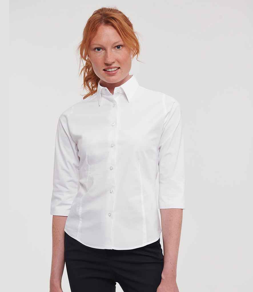 Russell Athletic Collection Ladies 3/4 Sleeve Easy Care Fitted Shirt 946F - 946F White Model
