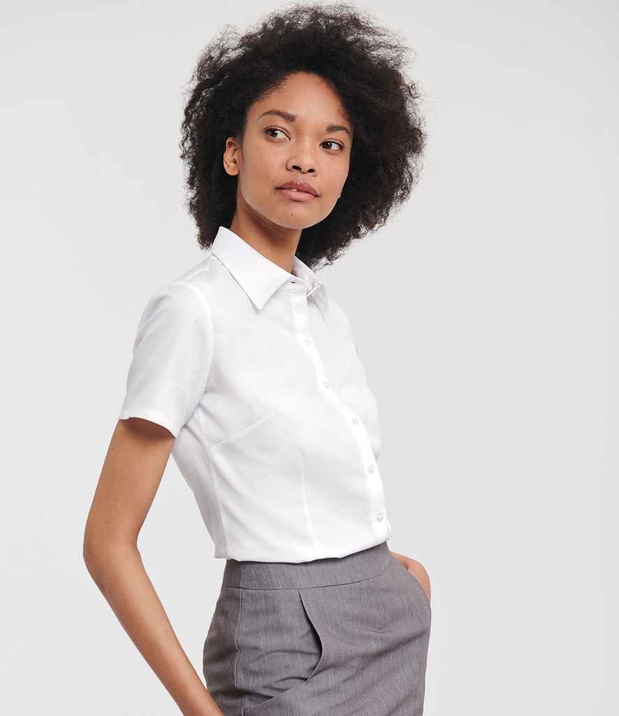 Russell Athletic Collection Ladies Short Sleeve Herringbone Shirt 963F - 963F White Model