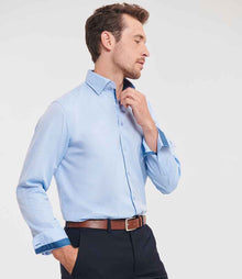 Russell Athletic Collection Long Sleeve Contrast Herringbone Shirt 964M - 964M Light Blue/Mid Blue Model