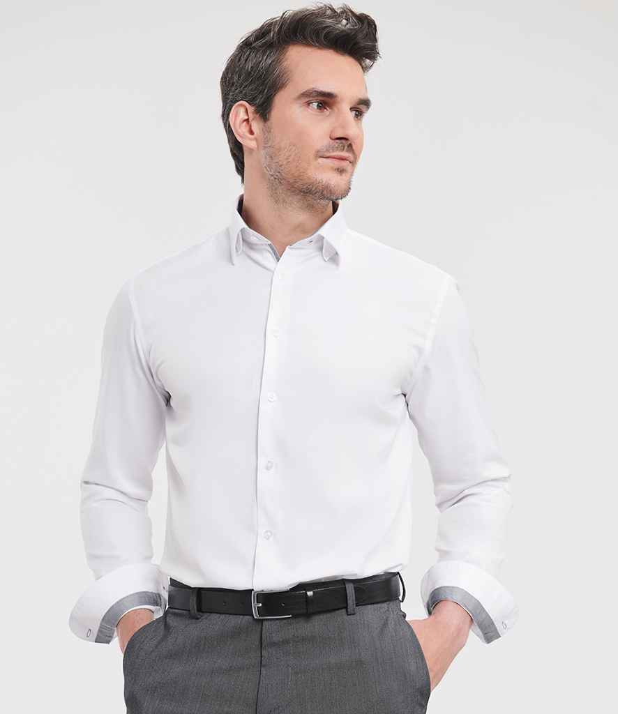 Russell Athletic Collection Long Sleeve Contrast Herringbone Shirt 964M - 964M White/Silver Model