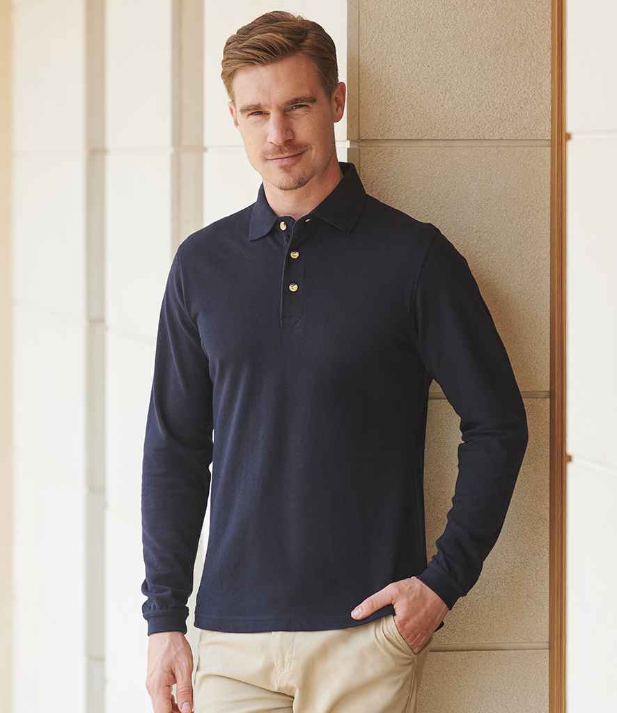 Henbury Long Sleeve Cotton Piqué Polo Shirt H105 - H105 Navy Model
