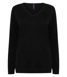 Henbury Ladies Lightweight Cotton Acrylic V Neck Sweater H721 - Black