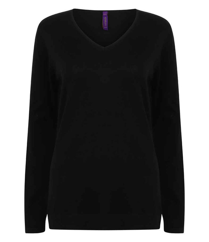 Henbury Ladies Lightweight Cotton Acrylic V Neck Sweater H721 - Black