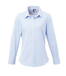 Premier Ladies Gingham Long Sleeve Shirt PR320 - Light Blue/White