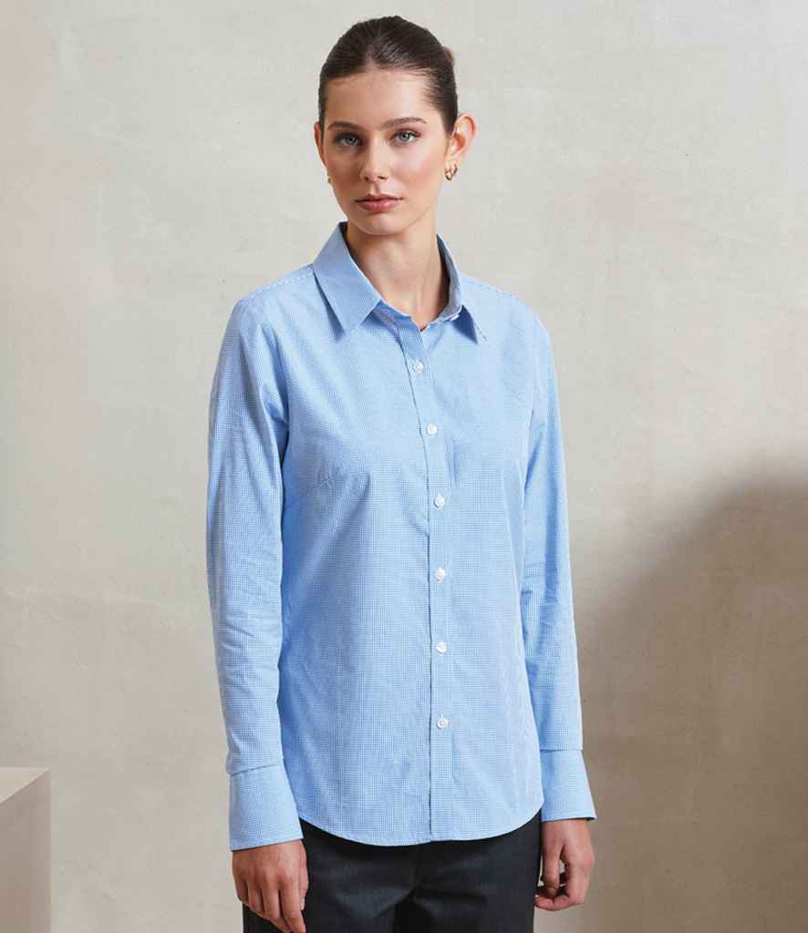 Premier Ladies Gingham Long Sleeve Shirt PR320 - PR320 Light Blue/White Model