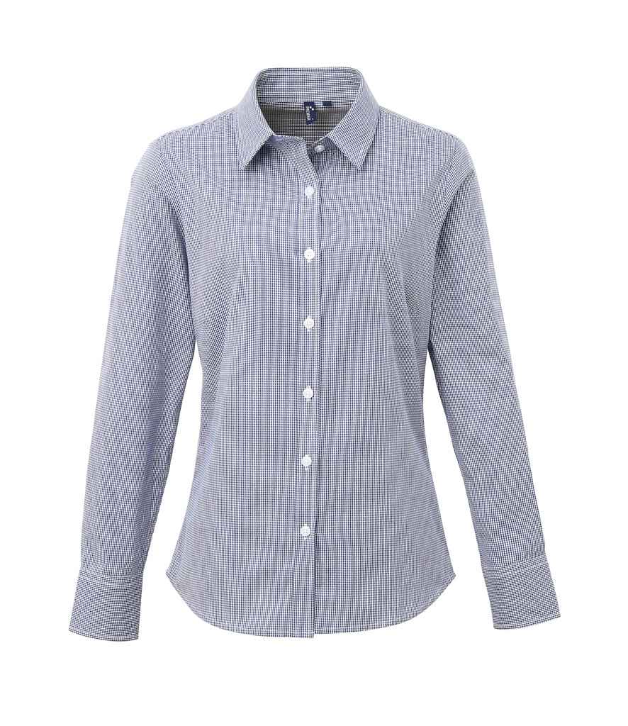Premier Ladies Gingham Long Sleeve Shirt PR320 - Navy/White
