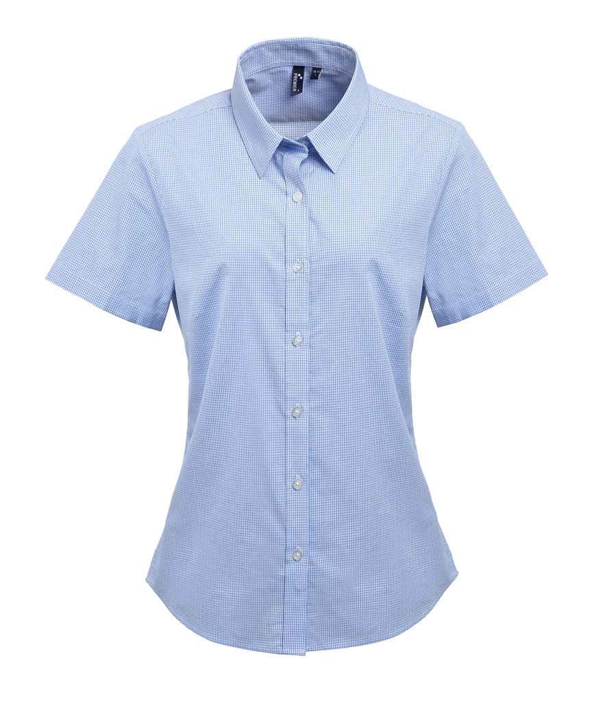 Premier Ladies Gingham Short Sleeve Shirt PR321 - Light Blue/White