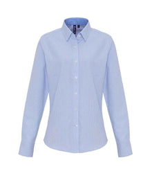 Premier Ladies Long Sleeve Striped Oxford Shirt PR338 - White/Oxford Blue