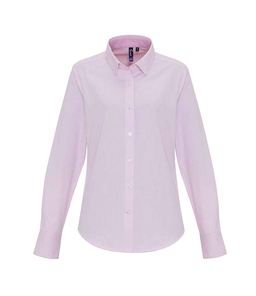 Premier Ladies Long Sleeve Striped Oxford Shirt PR338 - White/Pink