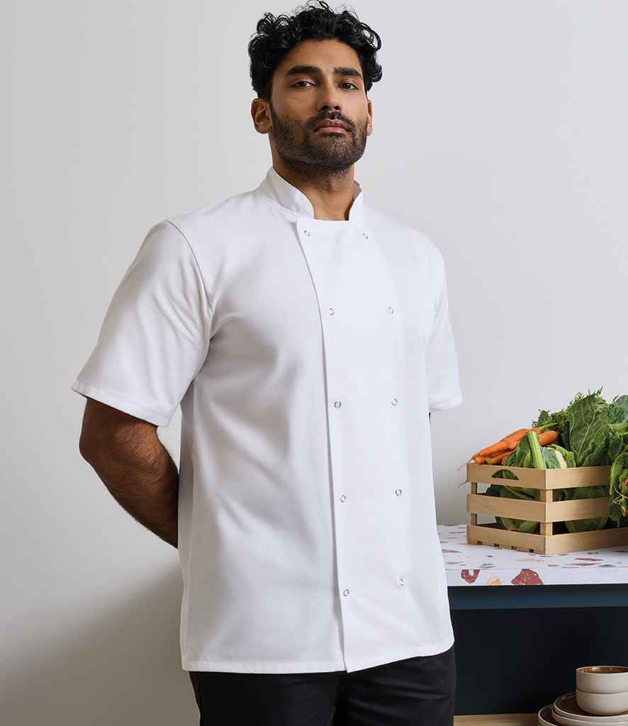 Premier Unisex Short Sleeve Stud Front Chef's Jacket PR664 - PR664 White Model