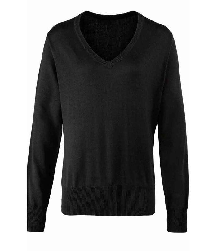 Premier Ladies Knitted Cotton Acrylic V Neck Sweater PR696 - Black