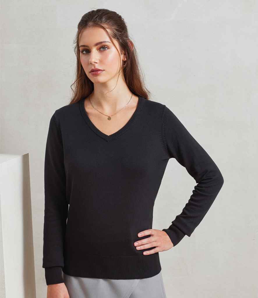 Premier Ladies Knitted Cotton Acrylic V Neck Sweater PR696 - PR696 Black Model