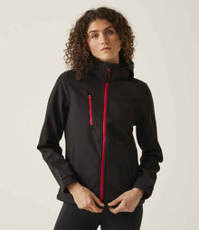 Regatta Ladies Venturer Three Layer Hooded Soft Shell Jacket RG636 - RG636 Black/Classic Red Model