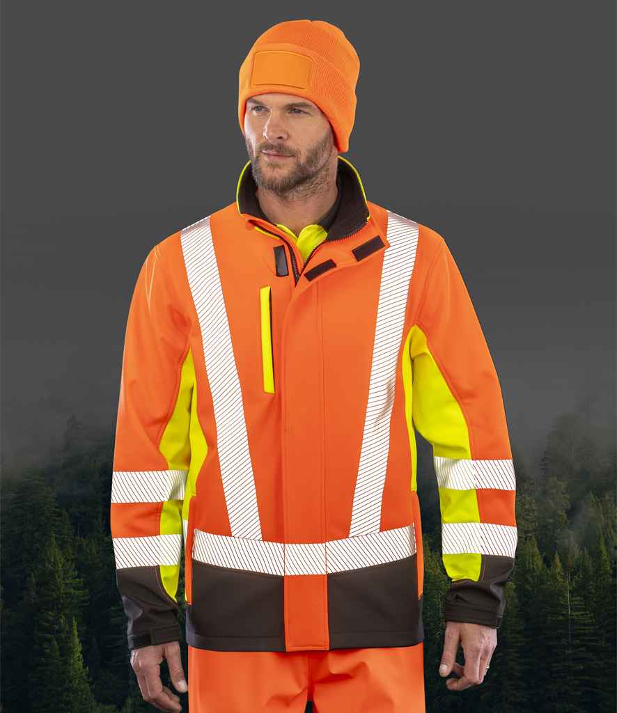 Result Recycled Three Layer Printable 3-Tone Safety Soft Shell Jacket RS506 - RS506 Fluorescent Yellow/Orange/Black Model