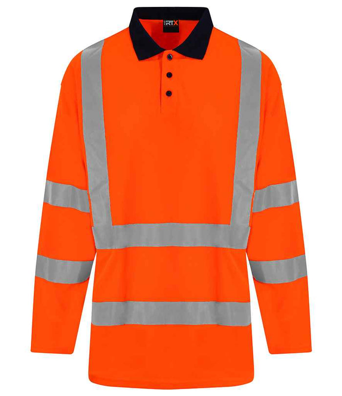 Pro RTX High Visibility Long Sleeve Polo Shirt RX715 - Orange/Navy