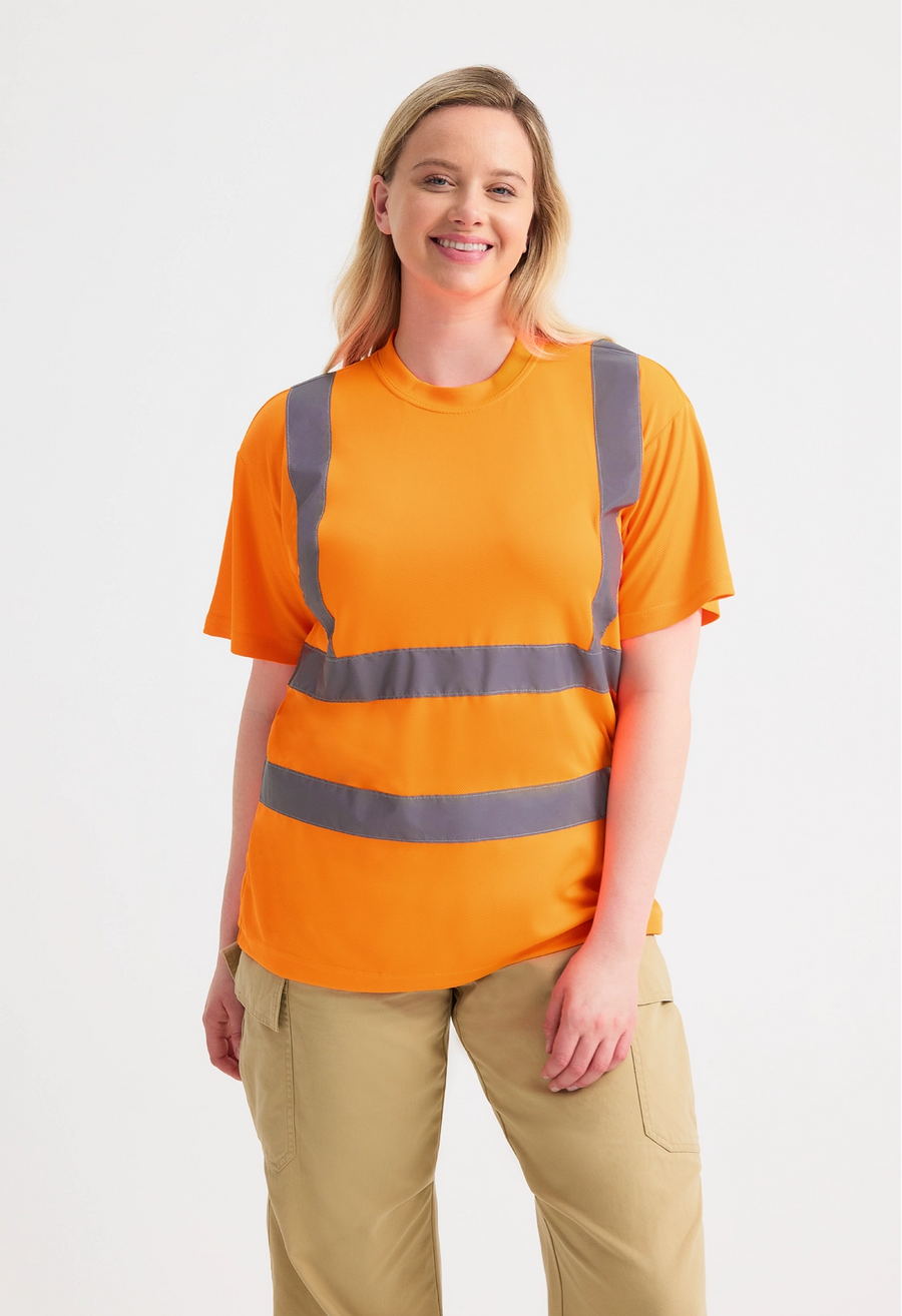 Uneek UC810 hi-vis short sleeve T-shirt in orange worn by a model, front view