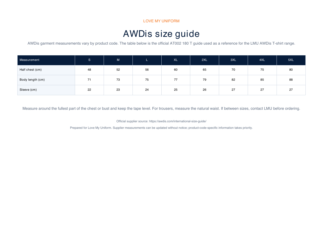 AWDis size guide
