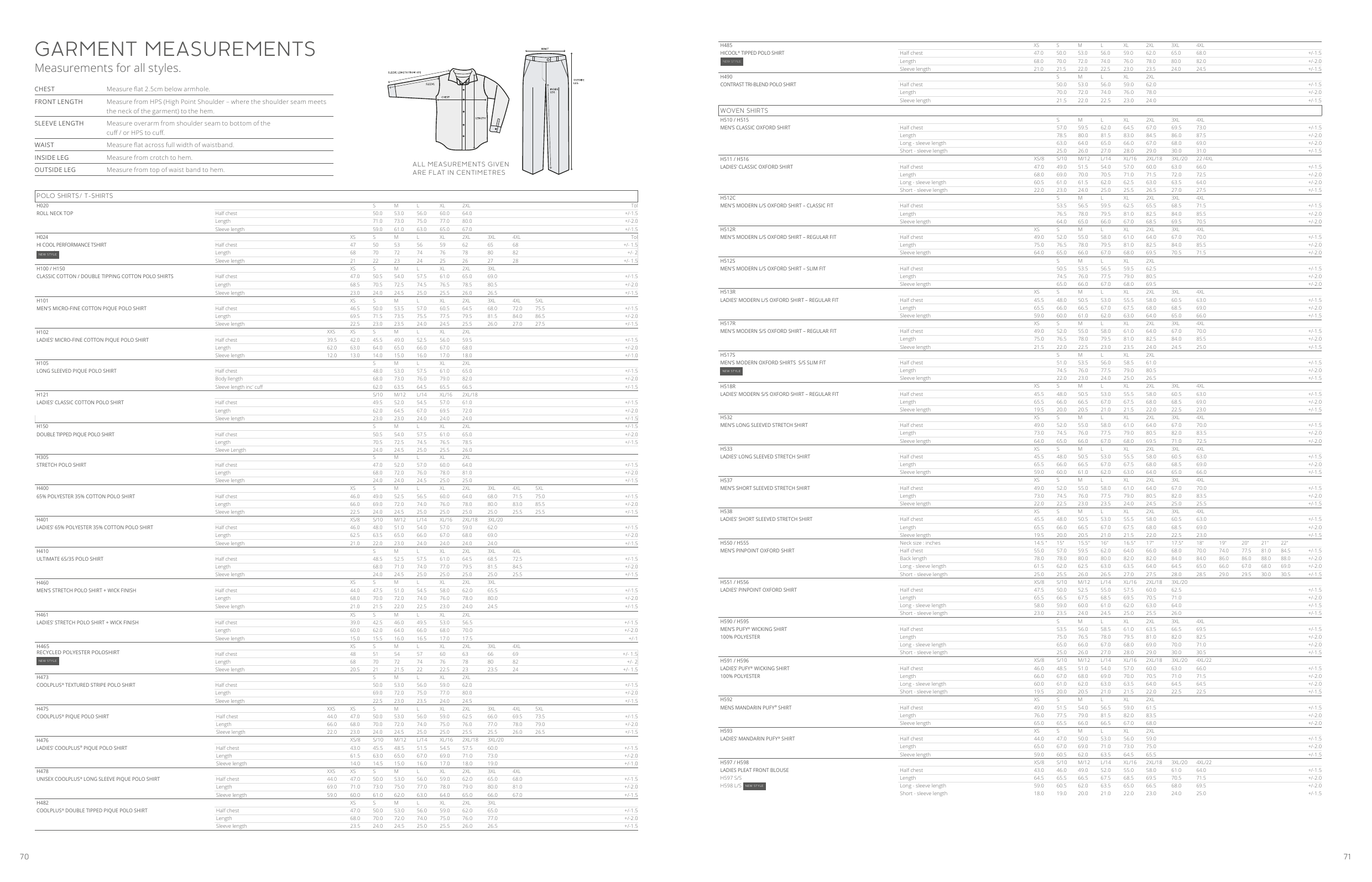 Henbury garment measurements for polo shirts, T-shirts and woven shirts