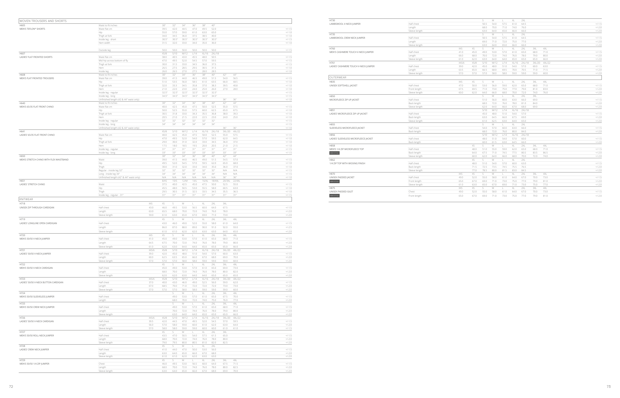 Henbury garment measurements for trousers, knitwear and outerwear