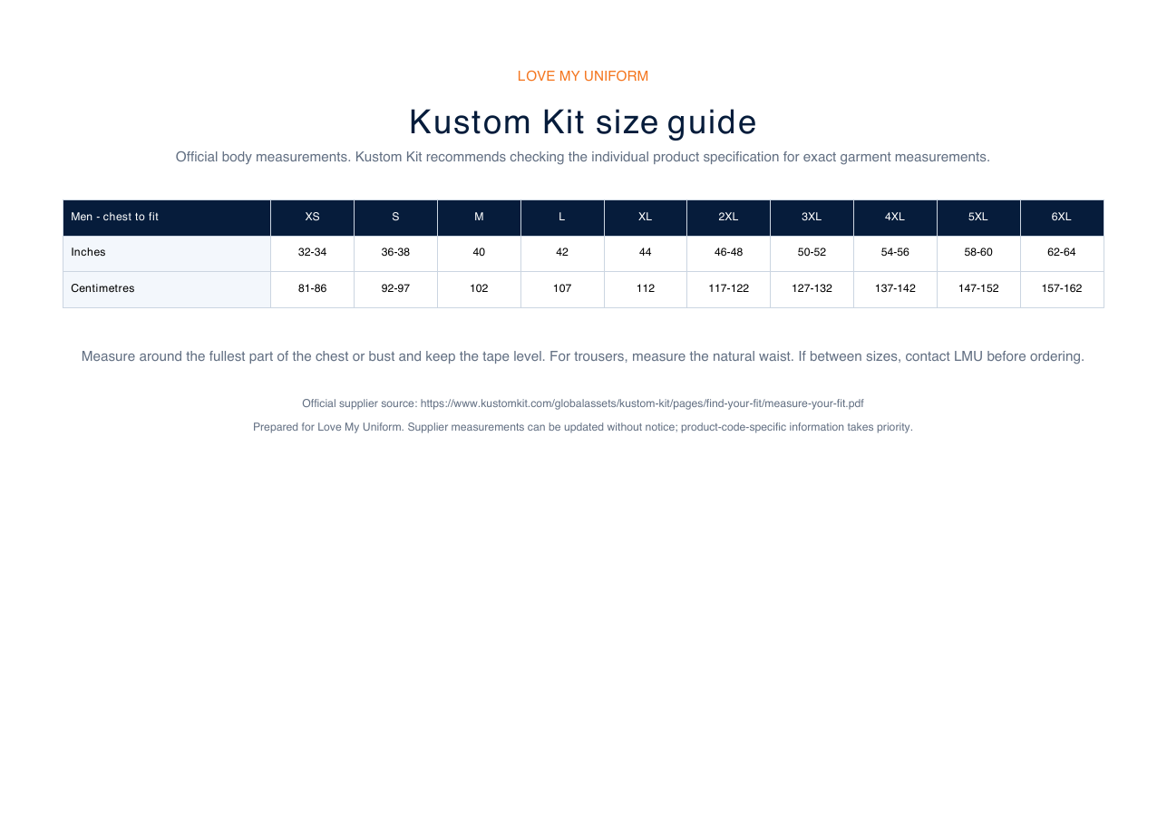 Kustom Kit size guide