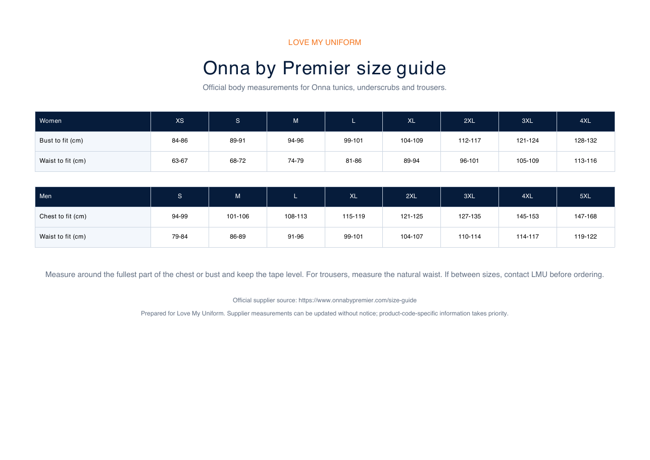 Onna by Premier size guide