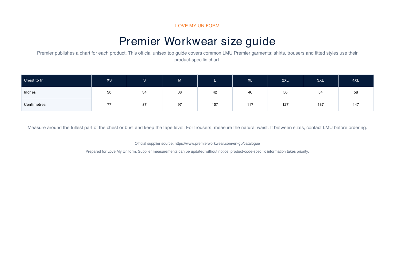 Premier size guide