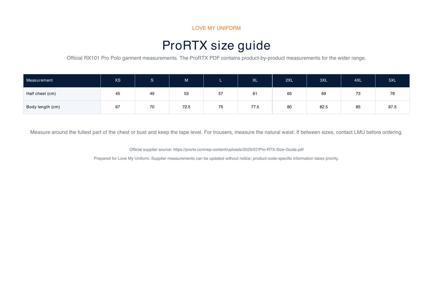 ProRTX size guide