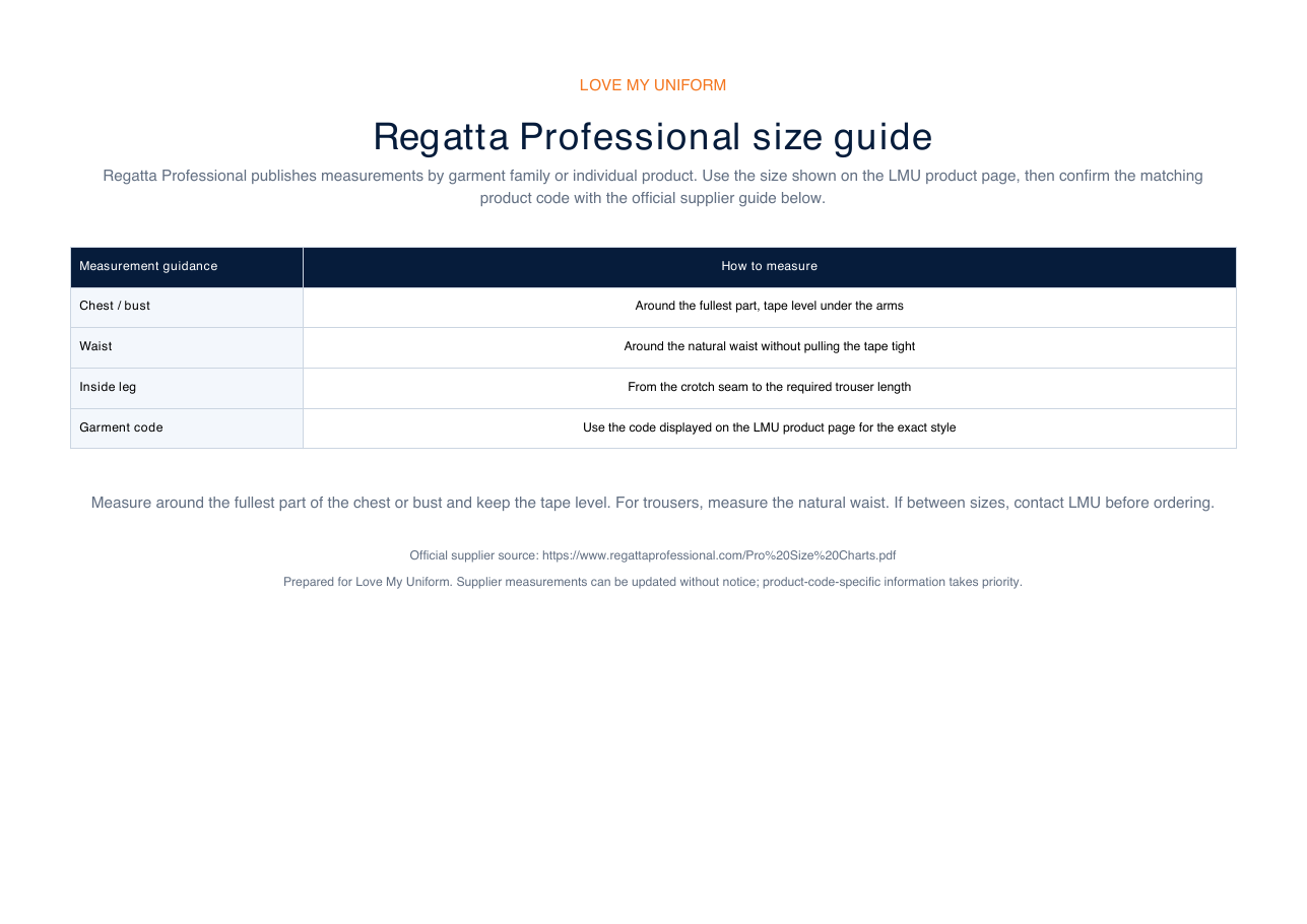 Regatta Professional size guide