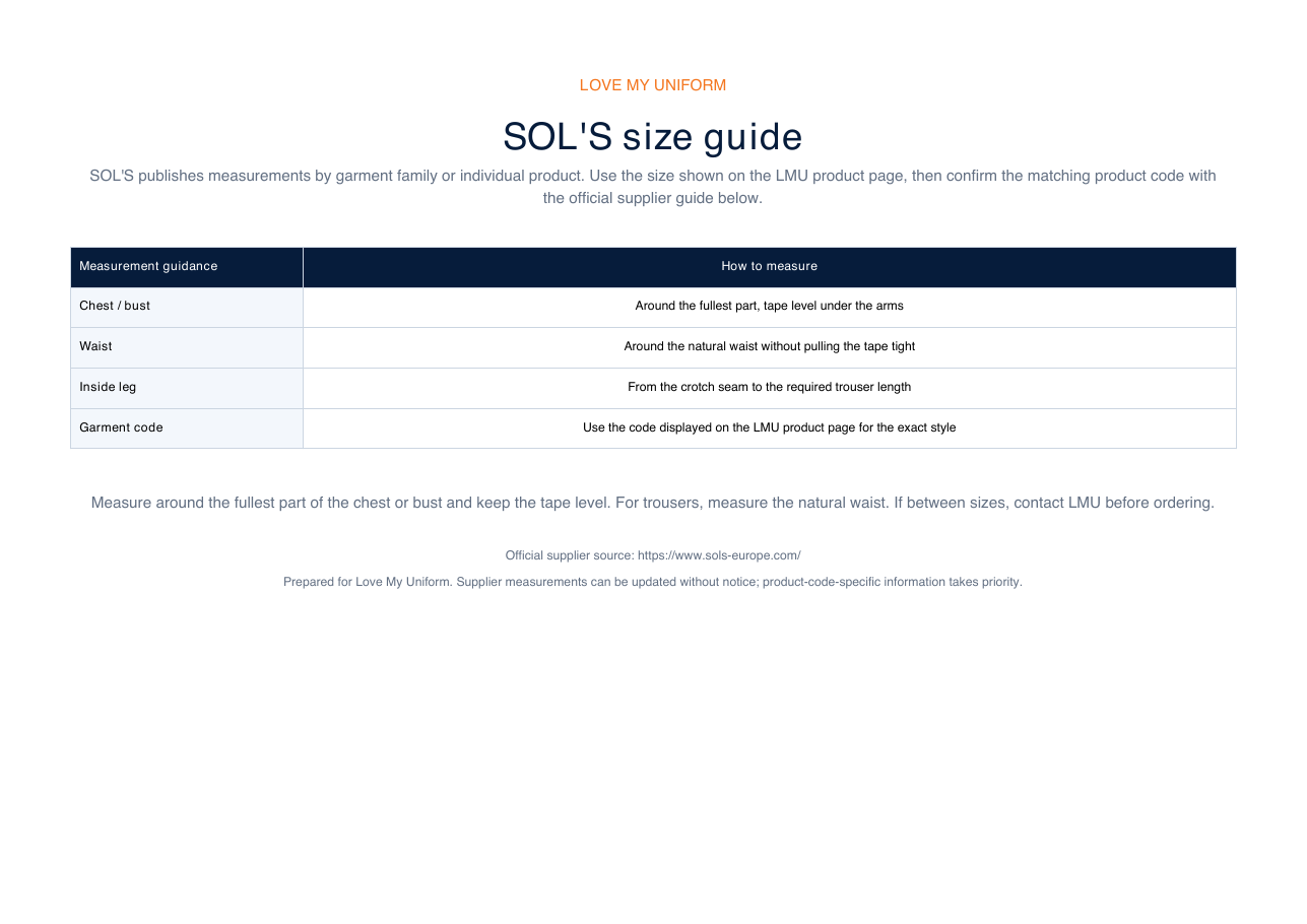 SOL'S size guide