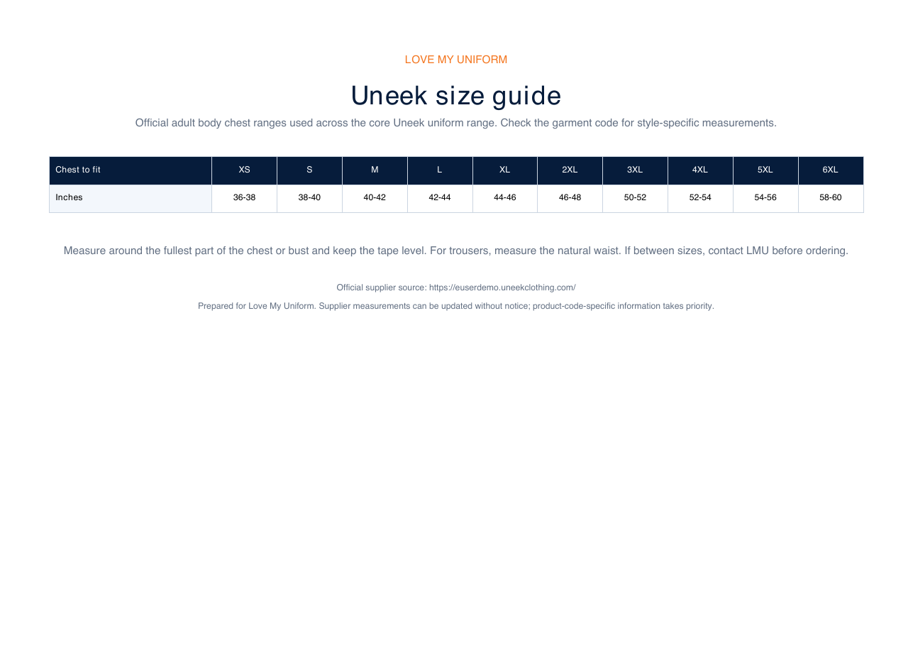 Uneek size guide